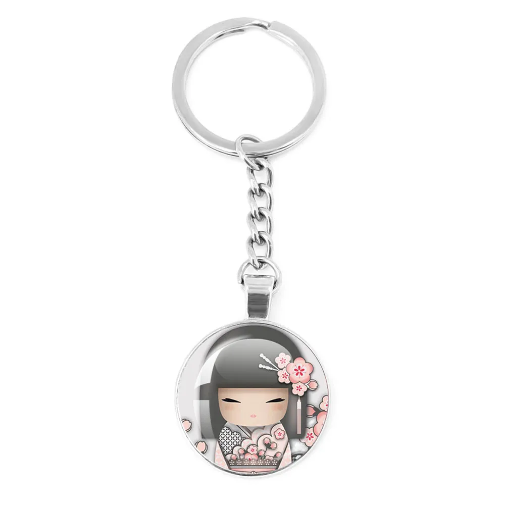 Cute Japanese Girl Face Glass Cabochon Keychain Lovely Kokeshi Kimono Doll Face Car Key Ring Holder Bag Keychain  Jewelry Gifts