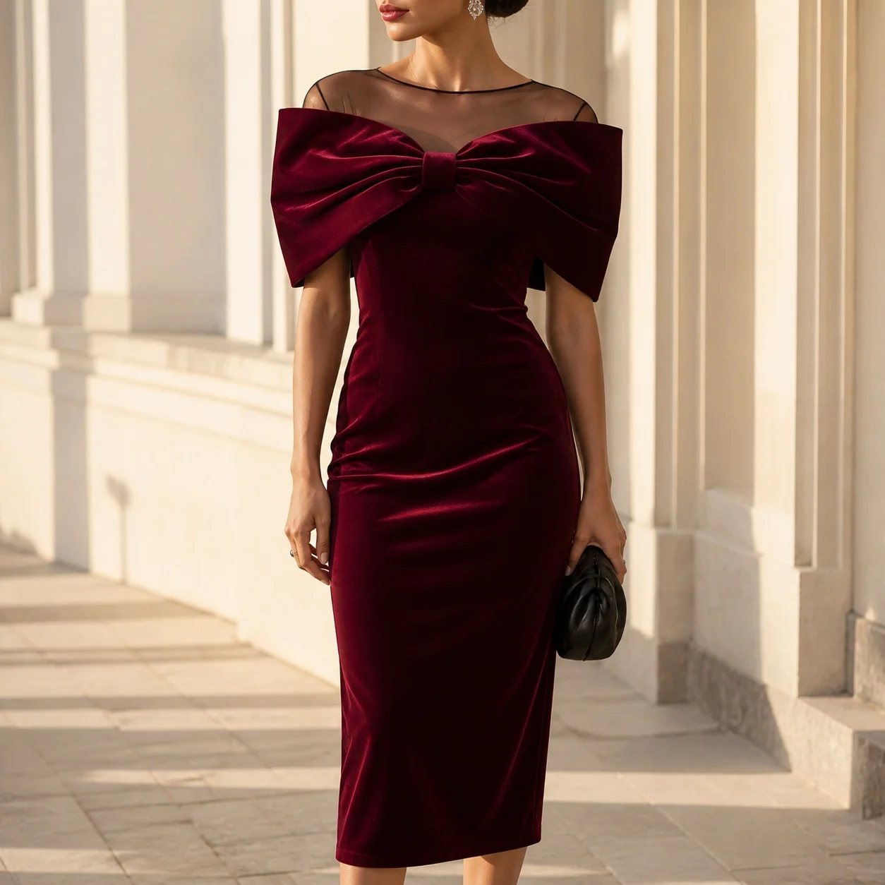 Off Shoulder Short Sleeve Solid Color Velvet Pencil Dress for Wedding Guest Elegant Party Prom Wedding Party Midi Slim Fit