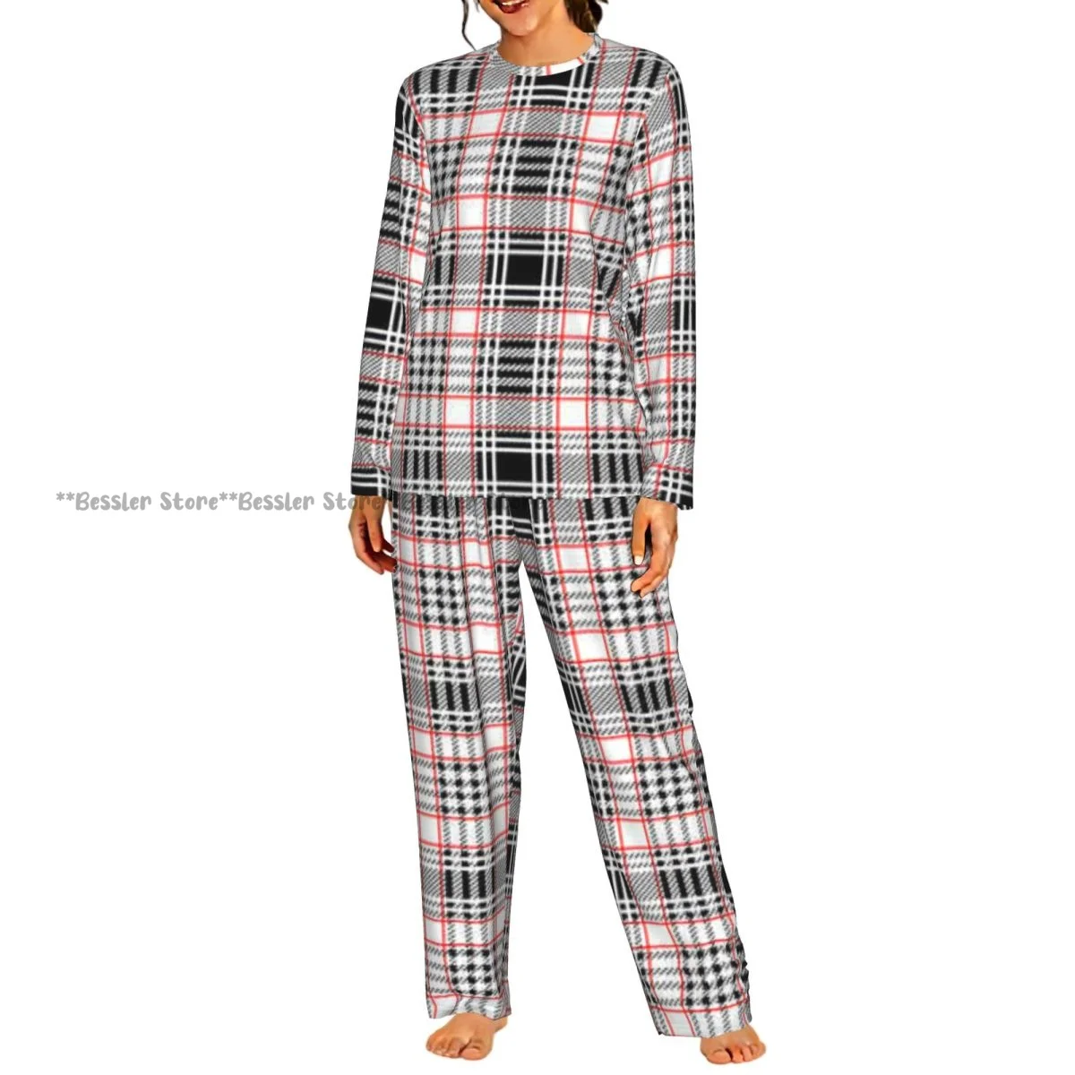 2 Piece Loungewear Women Pajama Sets Classic Plaid Tartan Soft Homewear Sleepwear Long Sleeve Nightwear