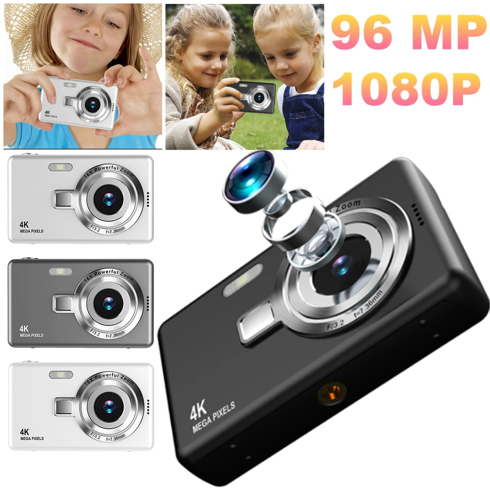 4K HD 1080P Digital Camera 96MP Portable Vlogging Camera 16X Zoom Photography Camera 2.4Inch IPS Screen Camcorder Camera for Kid