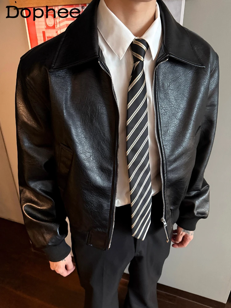 

Men's 2025 Autumn Winter New Fashion Retro Padded Shoulder High-end Stylish Zipper Motorcycle Jackets Men's Faux Leather Jackets