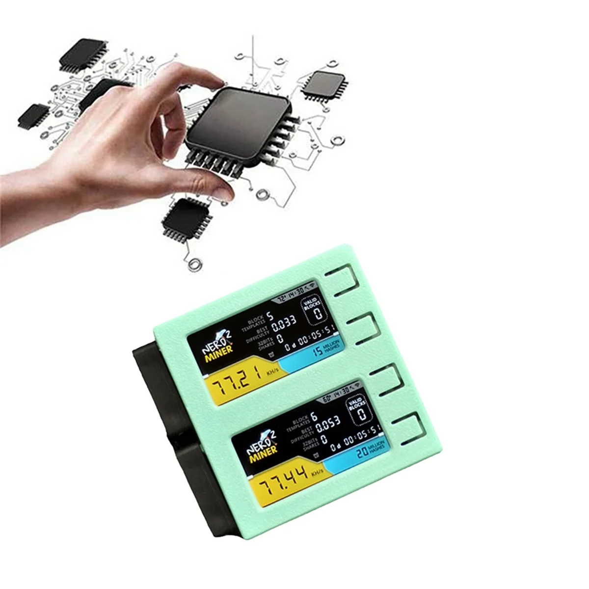 T61C_For NerdMiner V2 DUO 156K/S หน้าจอคู่ BTC Solo หวย Miner สีเขียว