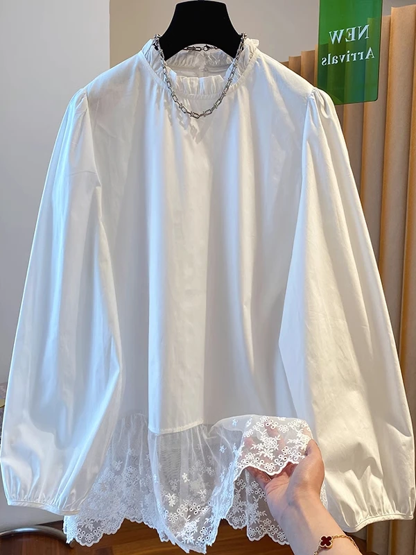

White Lace Splice Pure Cotton Casual irt Women's Spring Vintage Loose Fit Long Sve Embellied Collar T Top