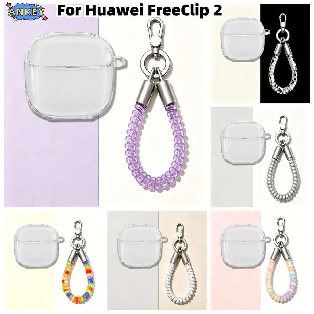 Compatible with Huawei FreeClip 2 Wireless Bluetooth earphones transparent protective case With Colourful spring rope