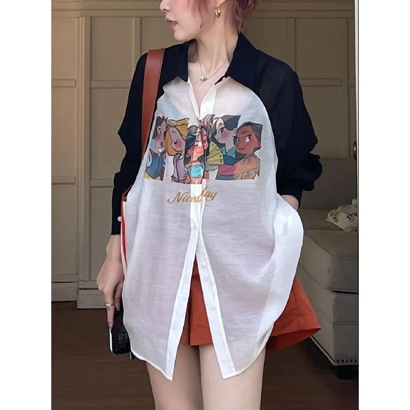 Camisa feminina de mangas compridas com cores contrastantes, casaco solto de verão, cardigã jovem preguiçoso, casaco confortável casual dos desenhos animados, tamanho grande