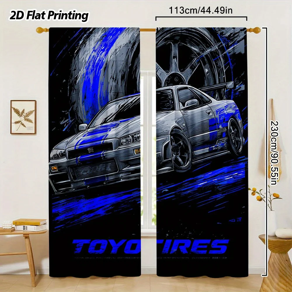 Decorative Curtain Window Panel Polyester Car Print Racing Tire JDM Auto Sport Garage Decor Modern Man Cave Style Home Accent Cu