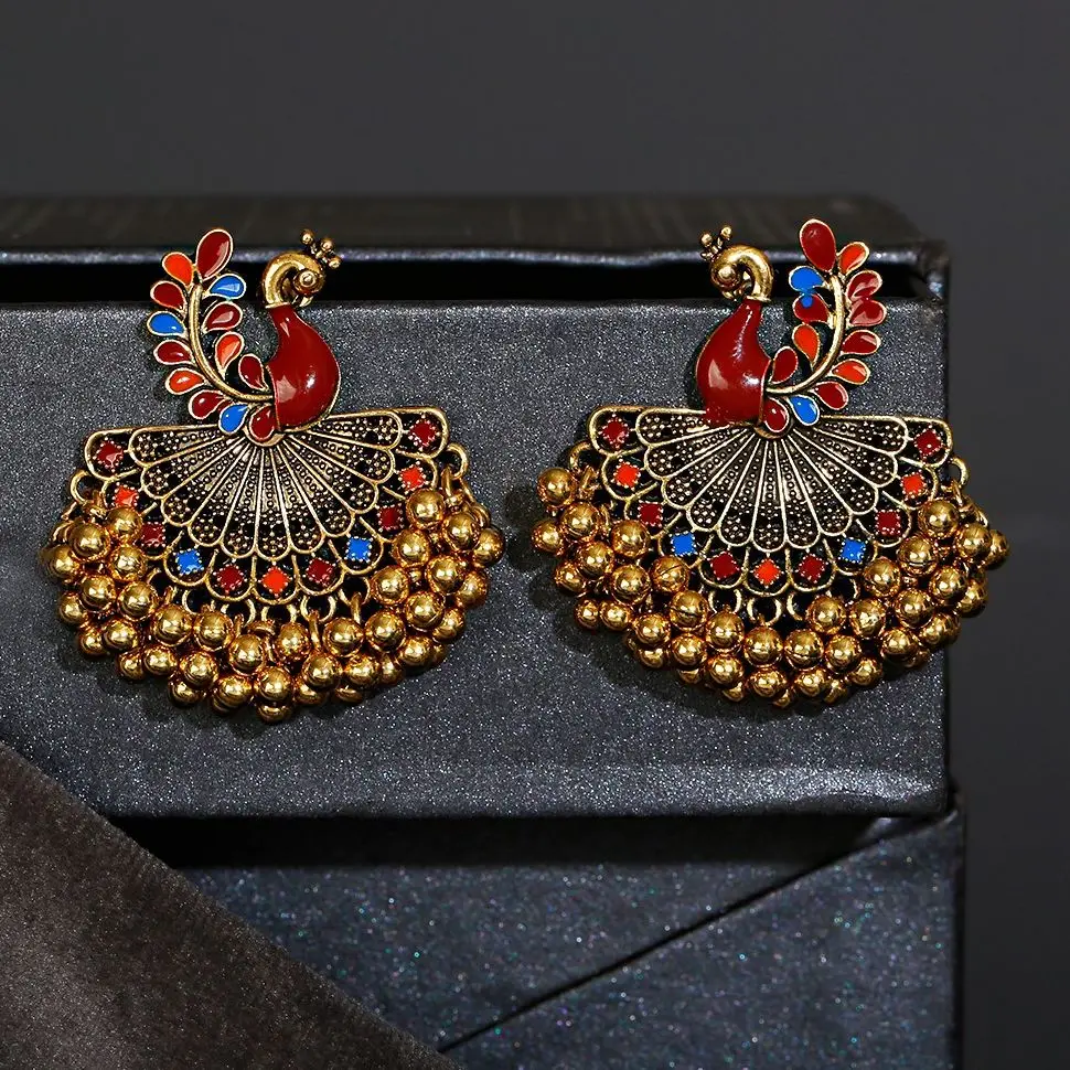Ethnic Vintage Women\'s Blue Peacock Earrings Alloy Bollywood Oxidized Gold Color Beads Tassel Jhumka Dangle Earrings