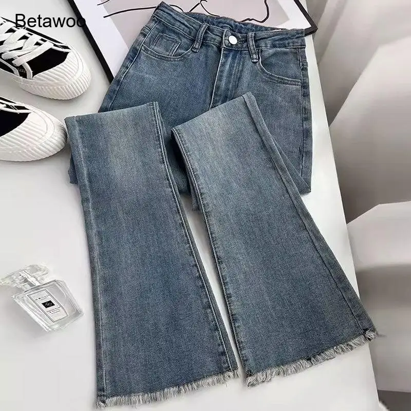 

Light Blue Raw Hem Flare Jeans High Waist Slim Fit Casual Denim Trousers