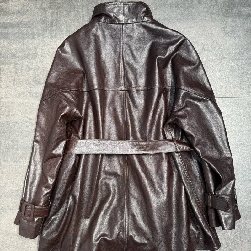 Office Ladies Loose Single-Breasted Genuine Leather Jackets Solid Color Turn Down Collar Long Sleeves Pockets Sheepskin Outwear