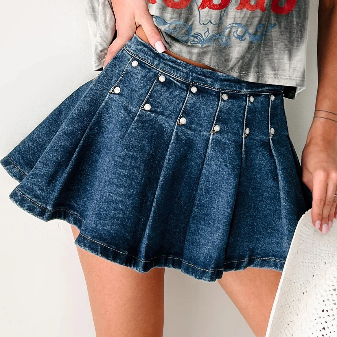 

Vintage Women Rivet Folds Denim Pleated Skirt Vintage Solid Color Zip-up A-line Mini Jean Skirt Summer Streetwear