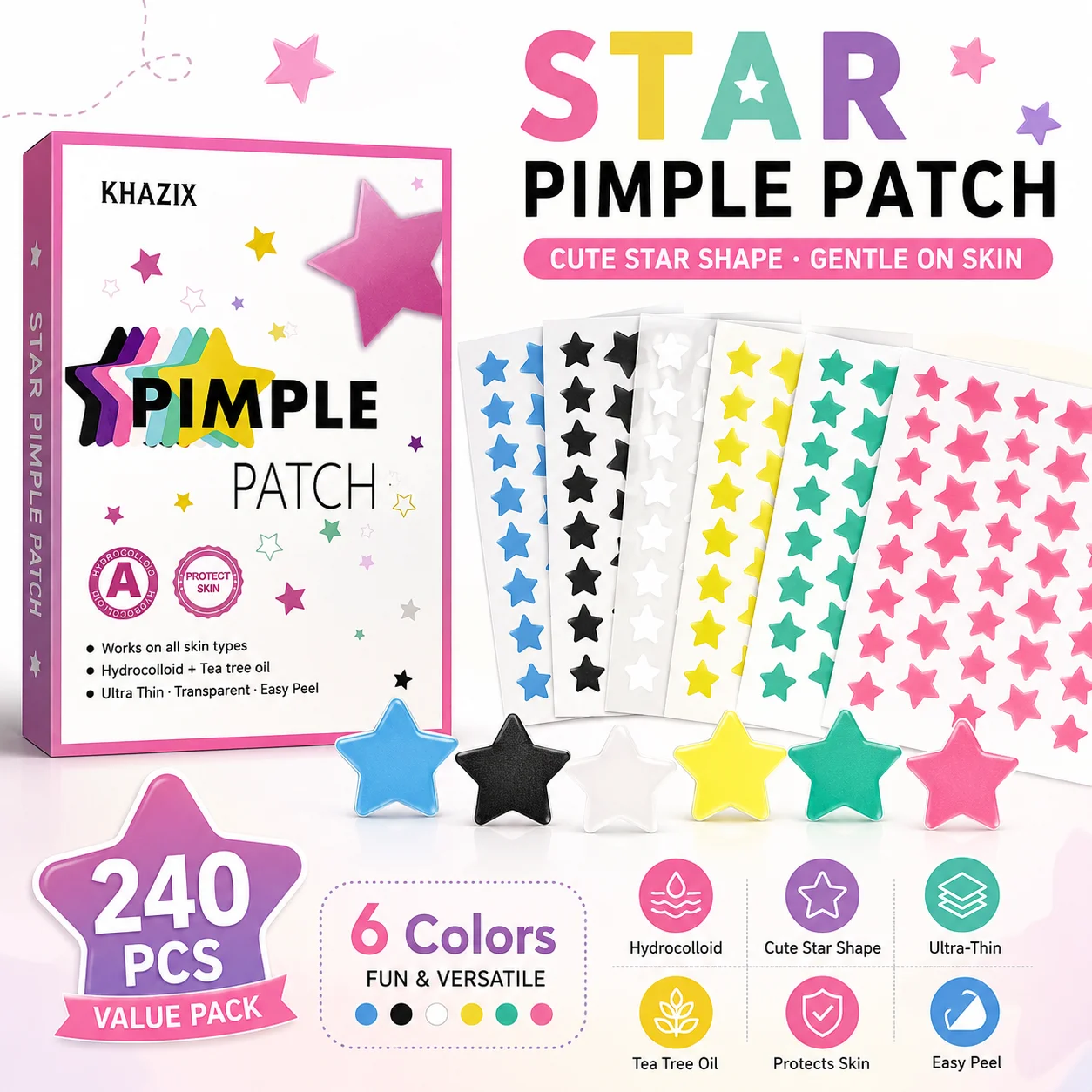

240PCS Star Acne Patches Hydrocolloid Pimple Patches Colorful Spot Stickers for Face Body Day Night Care