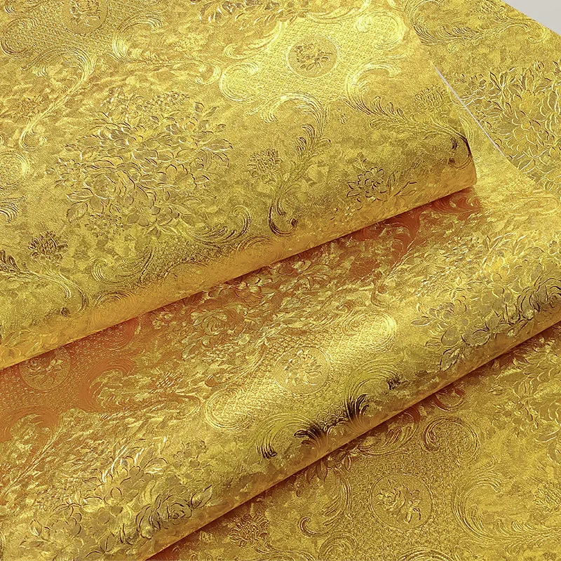 3D Embossed European Flower Gold Foil Waterproof Luxury Gold Wallpaper for Living Room Restaurant Hotel Lobby Ceiling Drop