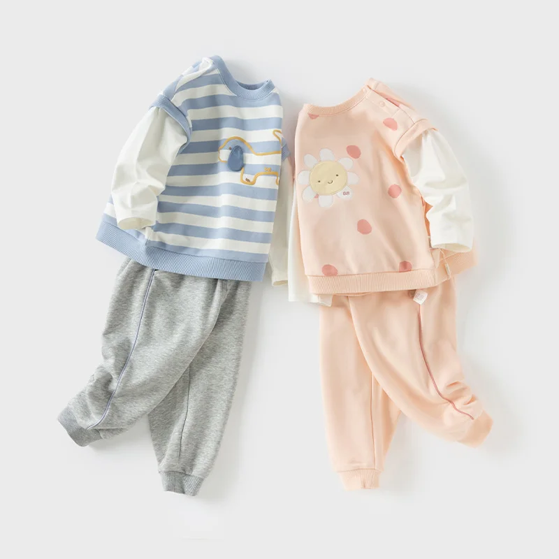 Dave Bella Children\'s Knitted Pants Set 2025 Spring Boys Girls Two-Piece Casual Fashion Long Sleeve Pants Sweet Cute DB1250710