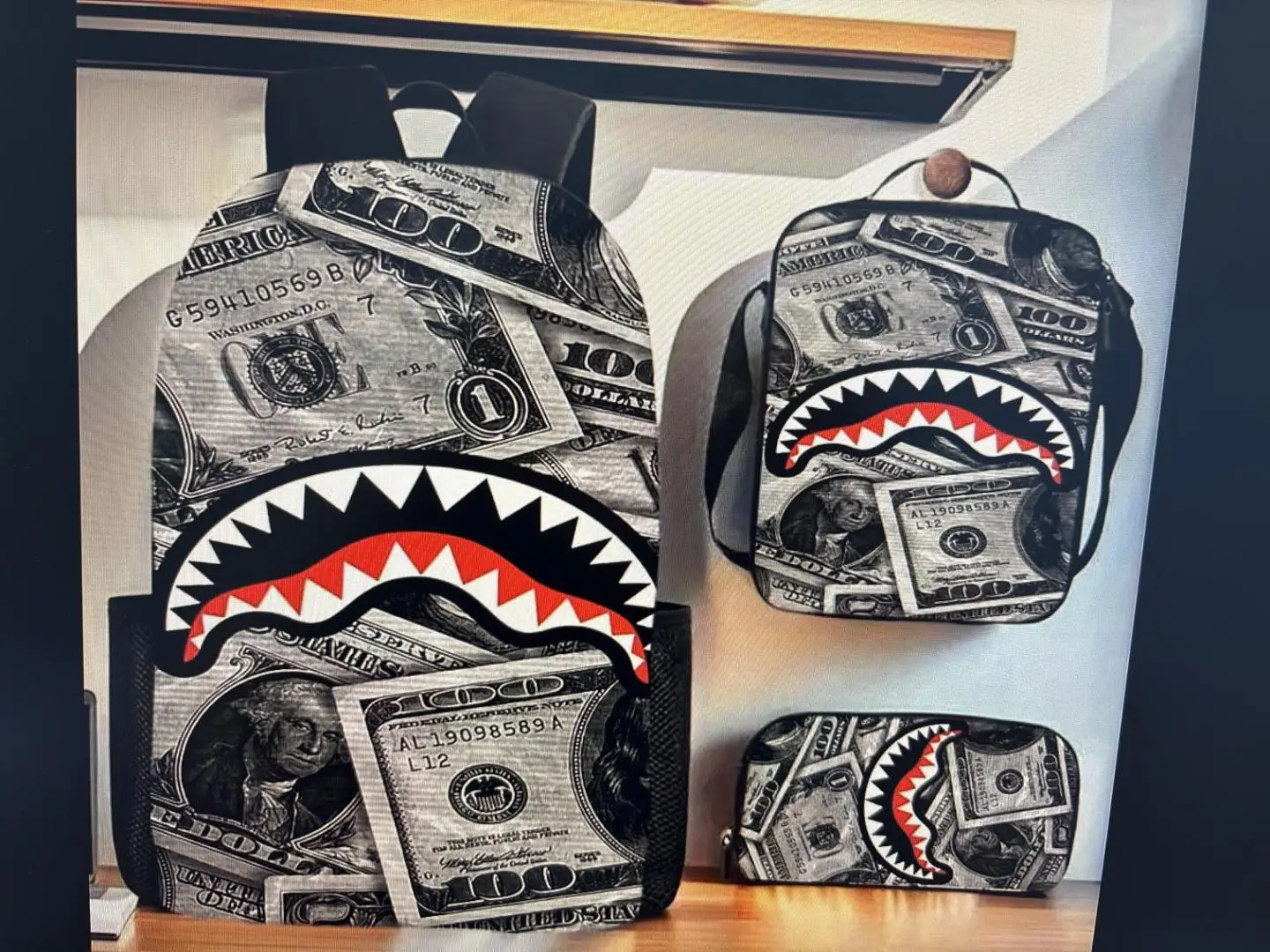 3pcs/Set Trendy Shark Graphic Backpack Graffiti Art Cartoon Print School Backpack Lightweight Casual Daypack for Students Travel