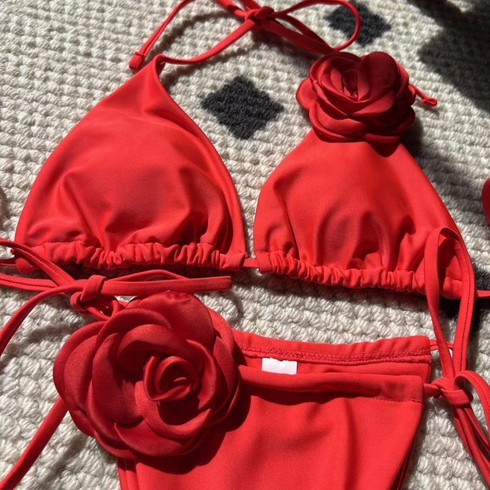 Trendy with Rose Bikini Set Backless Sexy Two Pieces Swimsuit Solid Color Bathing Suit