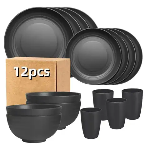 12pc Black Wheat Straw Dinnerware Sets - Dishes, Reusable Plastic Plates, Dishwasher And Microwave Plates And Bowls Sets, Bowls, Drinking Cups, Plastic Dishes For Camping, Party