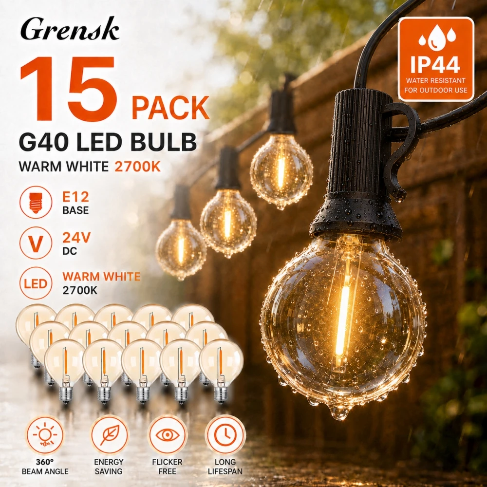 Grensk G40 LED Replacement Bulbs 24V E12 2700K Warm White Amber Globe Bulbs Waterproof for Outdoor Patio Party String Lights