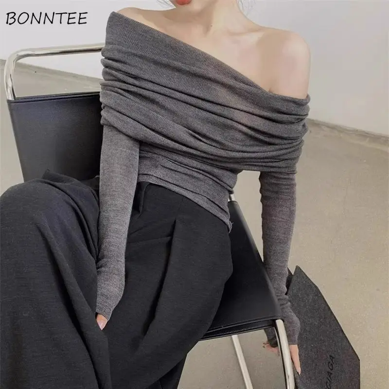 Pullovers Women Solid Off-shoulder Swinging Collar Long Sleeve Knittedwear Slim Chic Sexy Fashion Korean Style Basic Tops Retro