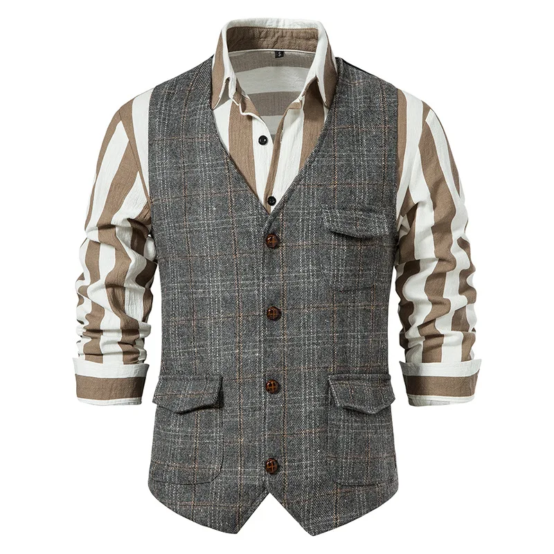 Vintage Suit Vest Plaid Tweed Vest Men Regular Fit Waistcoat for Wedding Groomsmen Casual Sleeveless Jacket