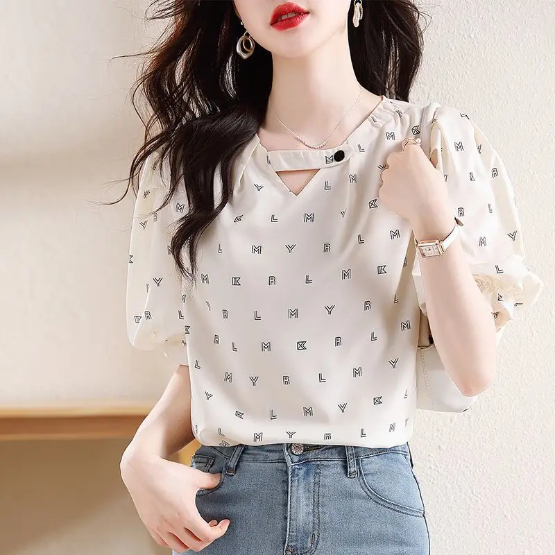 

New Summer Chiffon Shirt Short Sleeve Loose Simple Elegant Versatile Fashionable Top