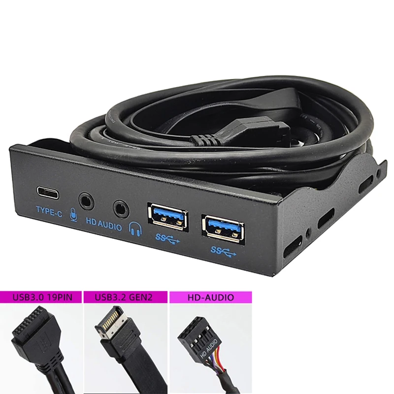 Adaptador de concentrador de Panel frontal USB 3,2 GEN2, 10Gbps tipo C + 2 puertos USB 3,0 + 3,5mm, auriculares + Micrófono para PC, Bahía de disco flexible de 3,5 pulgadas