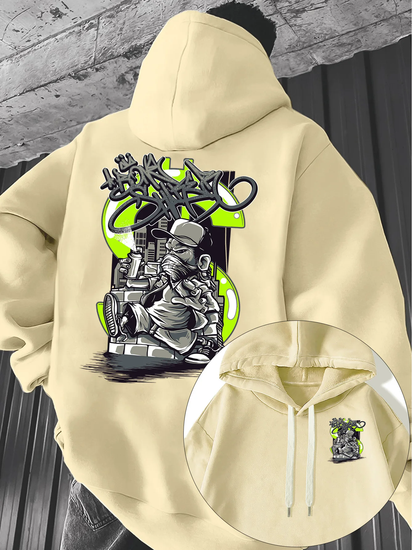 Men's trendy graffiti hooded sweatshirt with print, street hip-hop style, loose and casual fit, youth street brand pullover top.