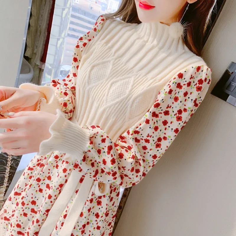 

Autumn sweater dresses for women winter splicing Pullover bandage Slim knitting dress sweet corduroy Floral print Dress vestido