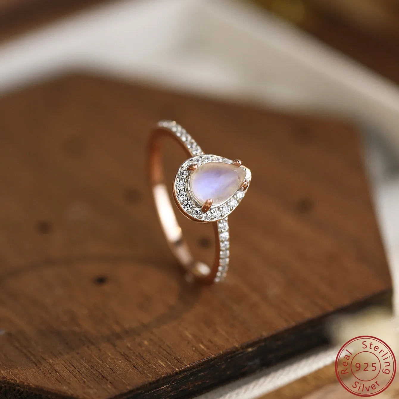 2023 Europe and America 100% S925 Pure Silver Droplet Moonlight Stone Rose Gold Ring Female Minority Design Simple and Exquisite