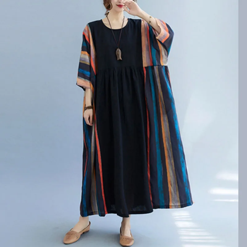 

New Women's Summer Dress Loose Over-the-knee Long Women Belly Cover Age Linen Stitching Dress short sleeve Color Pocket Dress