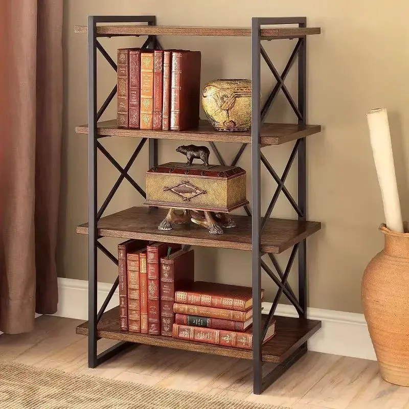 Wrought iron retro shelf Floor-to-ceiling bookshelf American flower stand Living room storage rack Solid wood simple