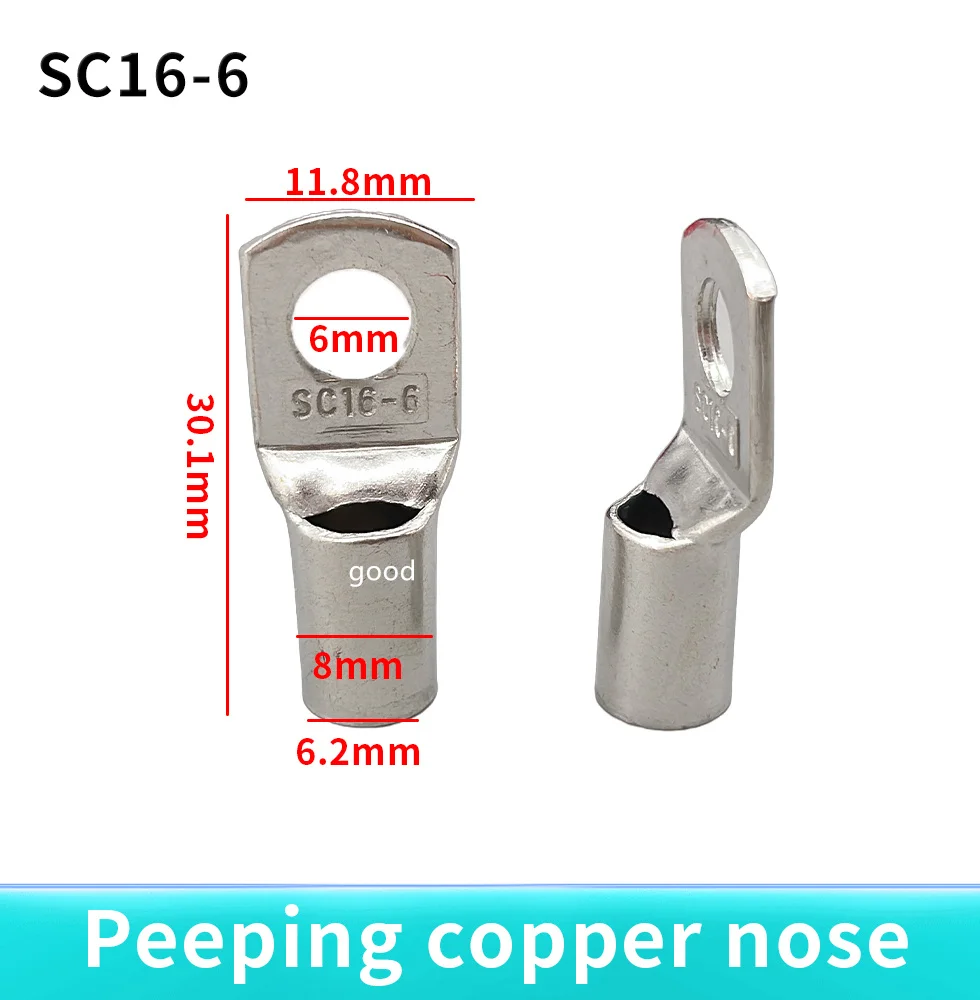 50PCS SC16-6 Tined copper connecting terminal 16-6(DTGA) bolt hole cable lugs battery terminals 16mm square wire