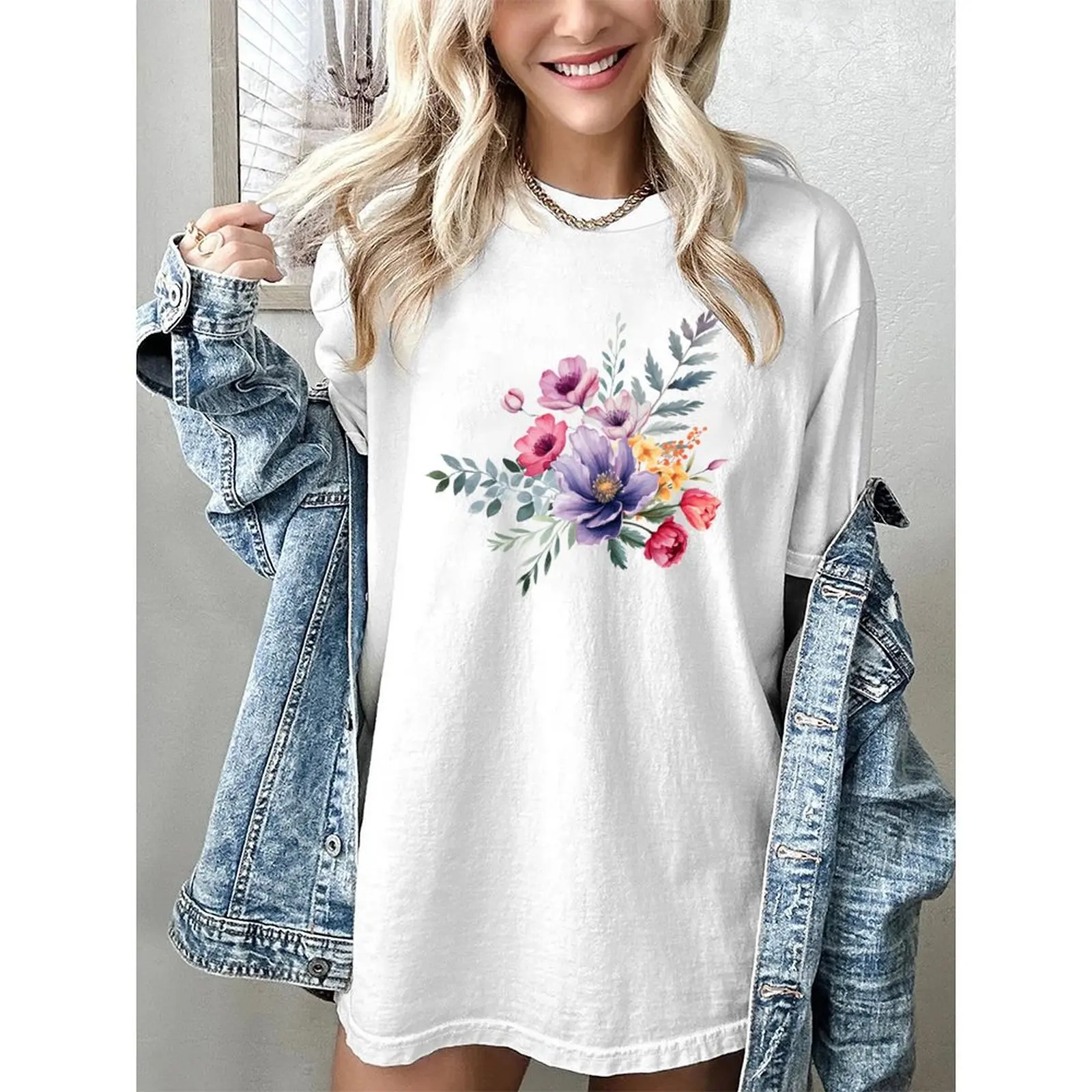 

Women's Summer Short Sleeve T-Shirts Oversized Casual Tops With Printed Tropical Pattern For Spring And Autumn