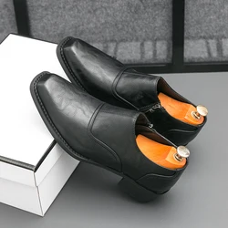 Men Derby Shoes Square Head Classic Fashion Busines Loafers Dress Leather Shoes Black Slip-On Moccasins Casual Zipper High Heels