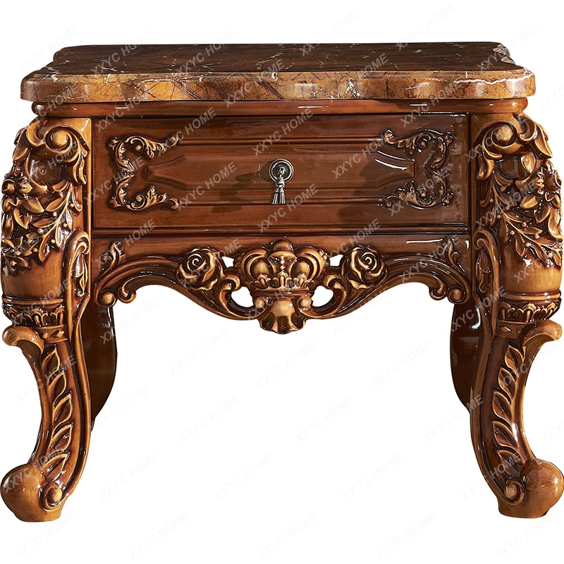 European-Style Corner Table Villa Solid Wood Carved Marble Living Room Square Table Side Table Phone Table TV