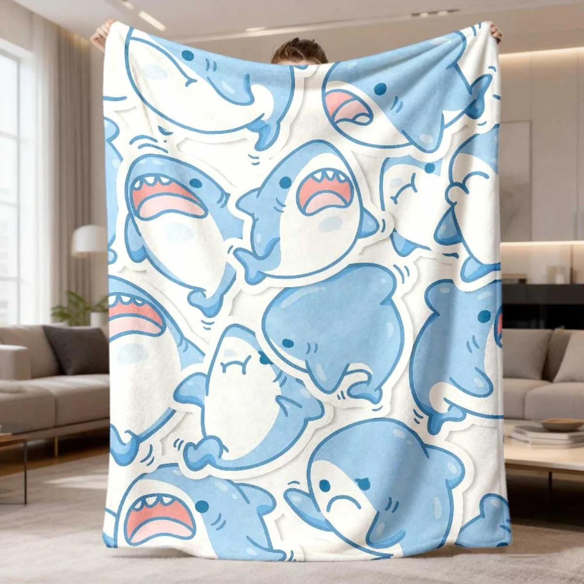 2026 New Flannel Blanket | Modern Shark Cartoon Flannel Blanket, All-Season Use, Soft Blue, with Smiling, Surprised, Angry Shark