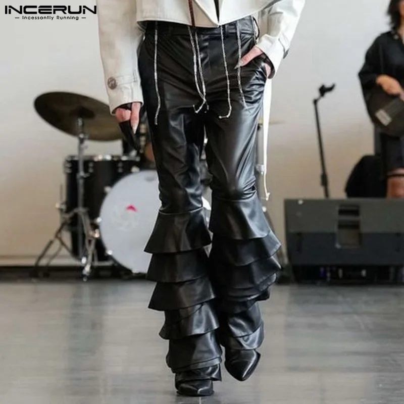 

INCERUN Men PU Leather Trousers 2024 Simple Solid Multilayer Pants Ruffled Edge Loose Pants Handsome American Style Male Bottoms