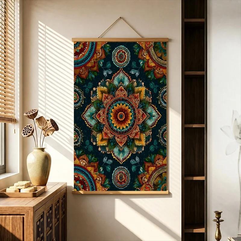 Room Decor Ornamental Mandala Patterns in Earthy Colors, Bohemian Home Decor Pearlescent Canvas Hanging Scroll for Yoga Studio