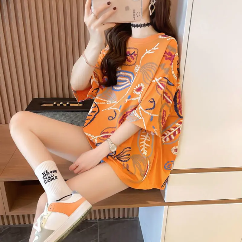 Women Summer Fashion Loose All-match Printing Cotton O-neck Short Sleeve T-Shirt Women Clothes Casual Appear Thin Trend Top Tee