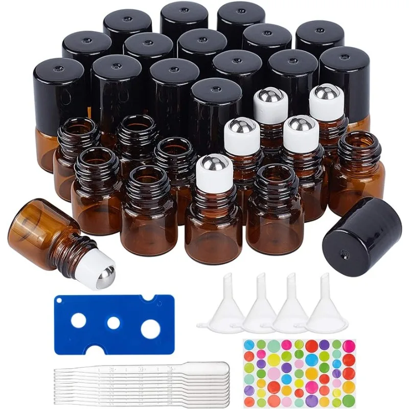 30 Pack 1ml Amber Glass Essential Oils Roller Bottles with Stainless Steel Roller Balls 10Pcs 3ml Droppers 4Pcs Funnels