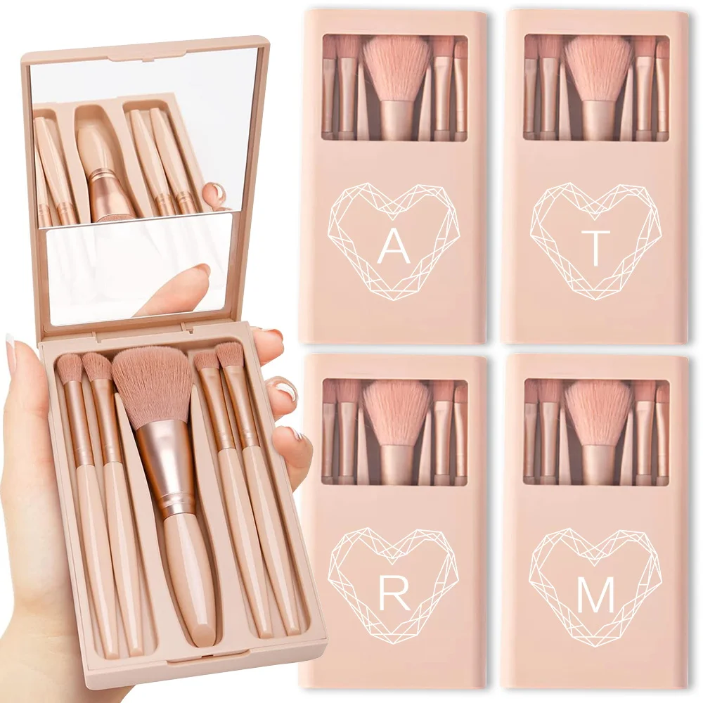 

5 Pcs Makeup Brushes Set Protective Box With Mirror Powder Detail Nose Brush Eyeshadow Smudge Brush Kit Diamond Letter Pattern