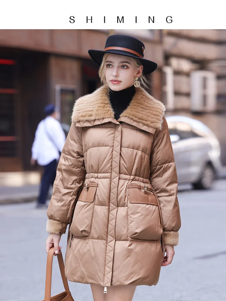 

2023 winter new high-end silk Down jacket women's medium long warm goose down thin mink fur coat with fur collar