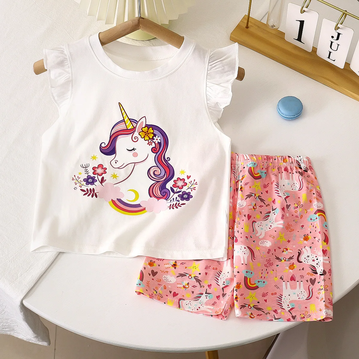 Summer Baby Girls Clothing Sets Cute Cartoon Unicorn Pattern Ruffle Sleeve Top + Shorts 2 Pcs Suits Kids Costume Outfits 0-6T