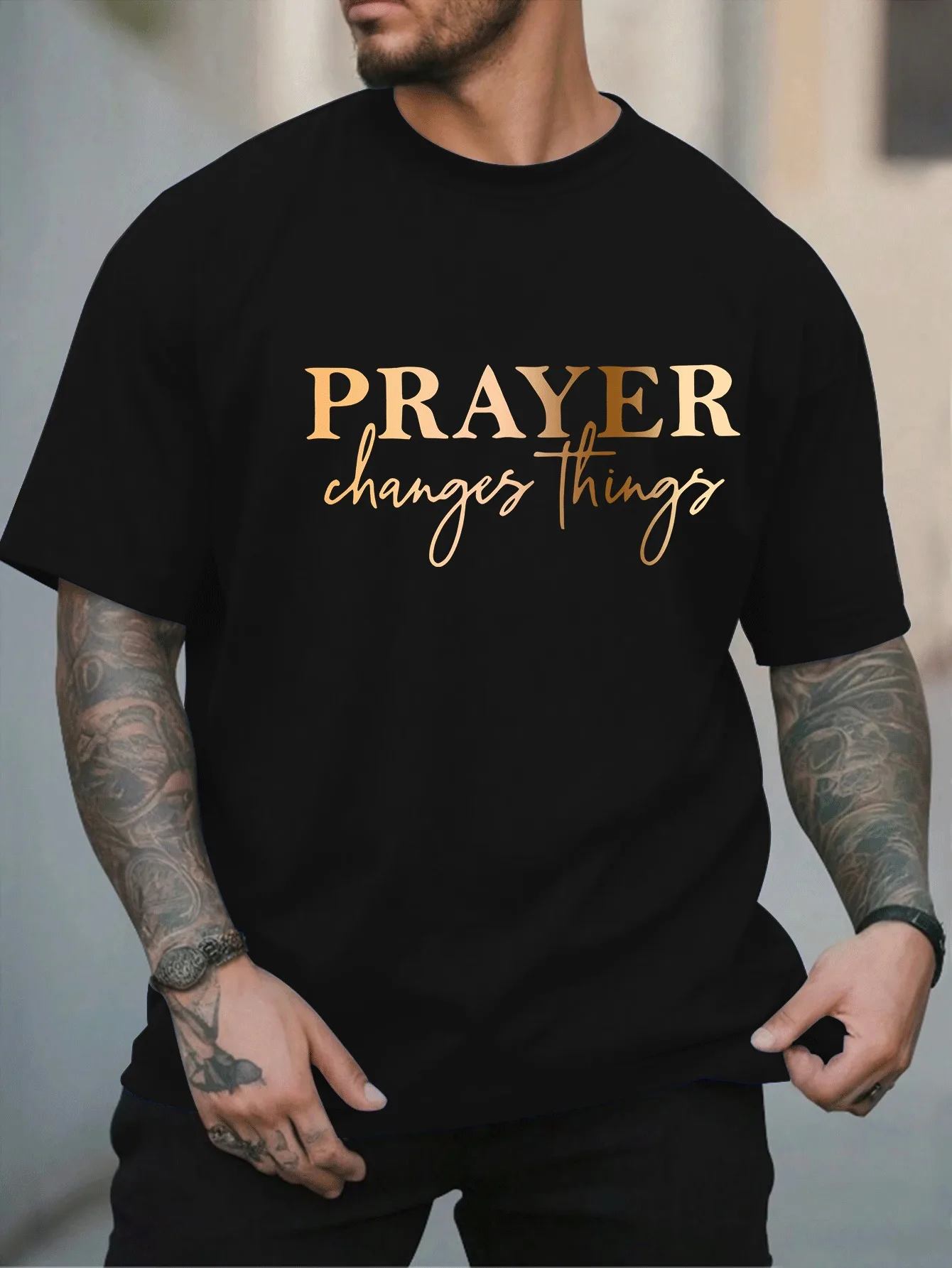 Men Prayer Changes Things Letter Graphic T Shirt Gold Foil Style Text Print Crew Neck Short Sleeve Black White Casual Faith Tees