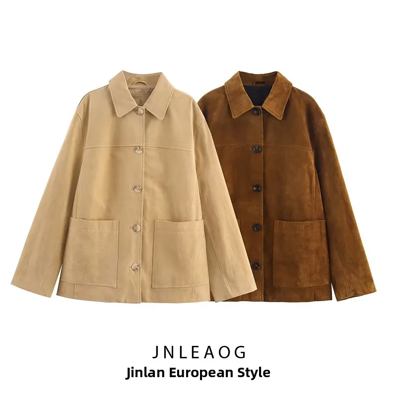 JNLEAOG Faionable Anti-Fur Leather Jaet Women's Outerwear Autumn New Sle Loose Fit Long Sve Button Closure Coat