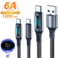 6A 120W USB A to Type C Super Fast Charging Cable With Led Digital Display for Xiaomi Redmi POCO Samsung Nylon Braided Data Cord