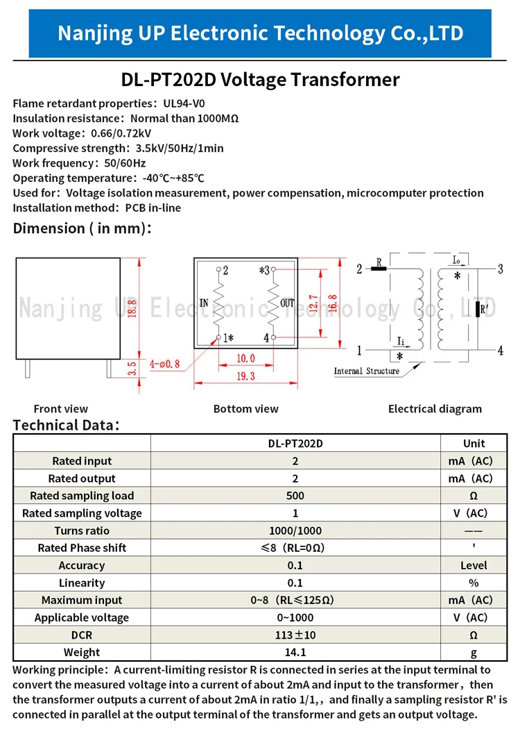 PCB Mount Mini Voltage Transformer 0.1 Class Precision DL-PT202D 1000/1000 2mA2mA NJXSE AC Current 4 Pins Blue VT Supplier