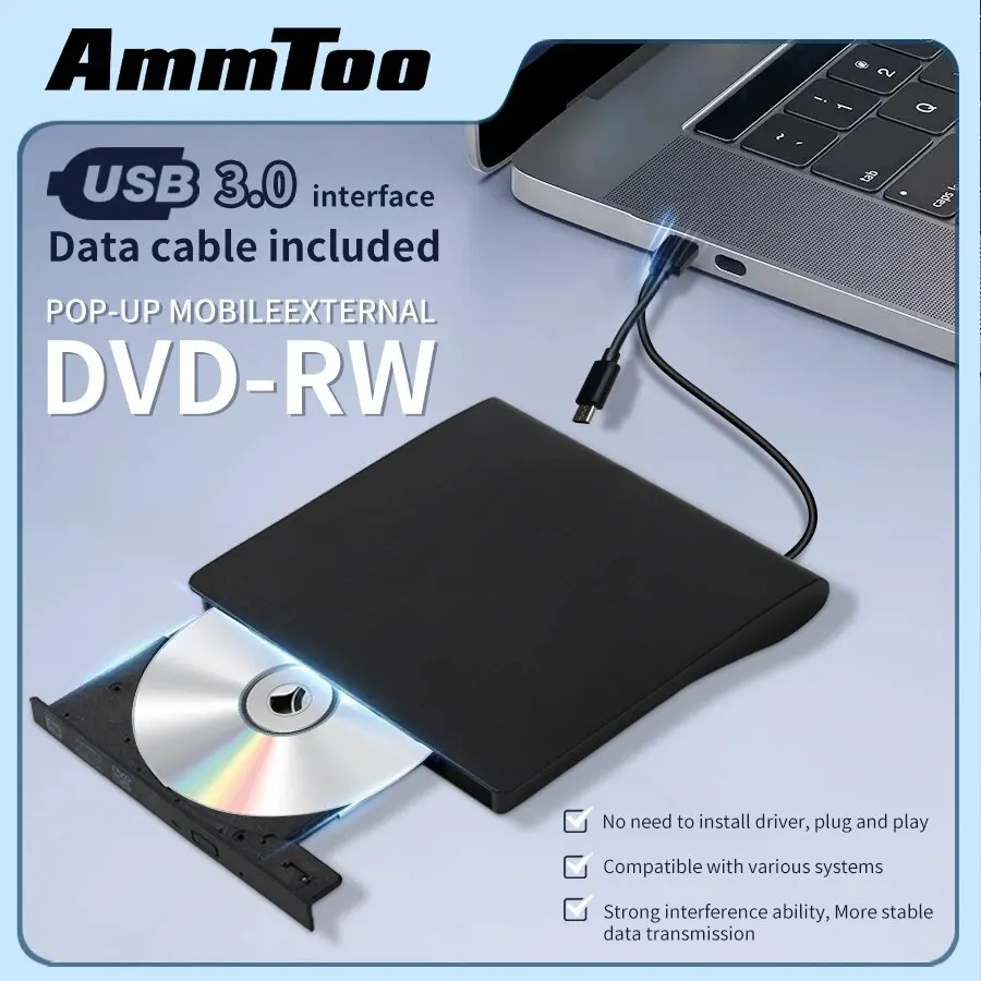 External DVD Drive High Speed USB3.0 CD Portable CD DVD RW Optical Drive Rewriter Player Burner Compatible With Laptop/Desktop