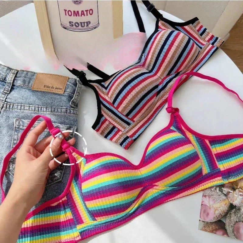 Dopamine girl rainbow stripes color girl small breast no steel ring underwear back bra bra high impact sports bra plus size