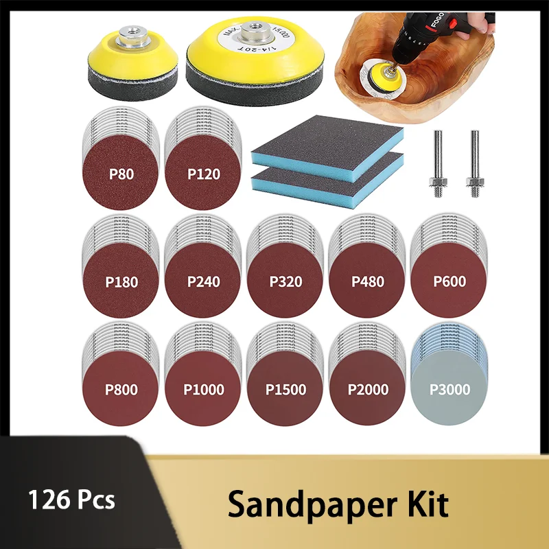 

126 pcs Sandpaper Kit with 2 & 3inch Backer Pads and Sanding Sponge Sander for Drill Grinder Rotary Tools Attachment Sanding Pad