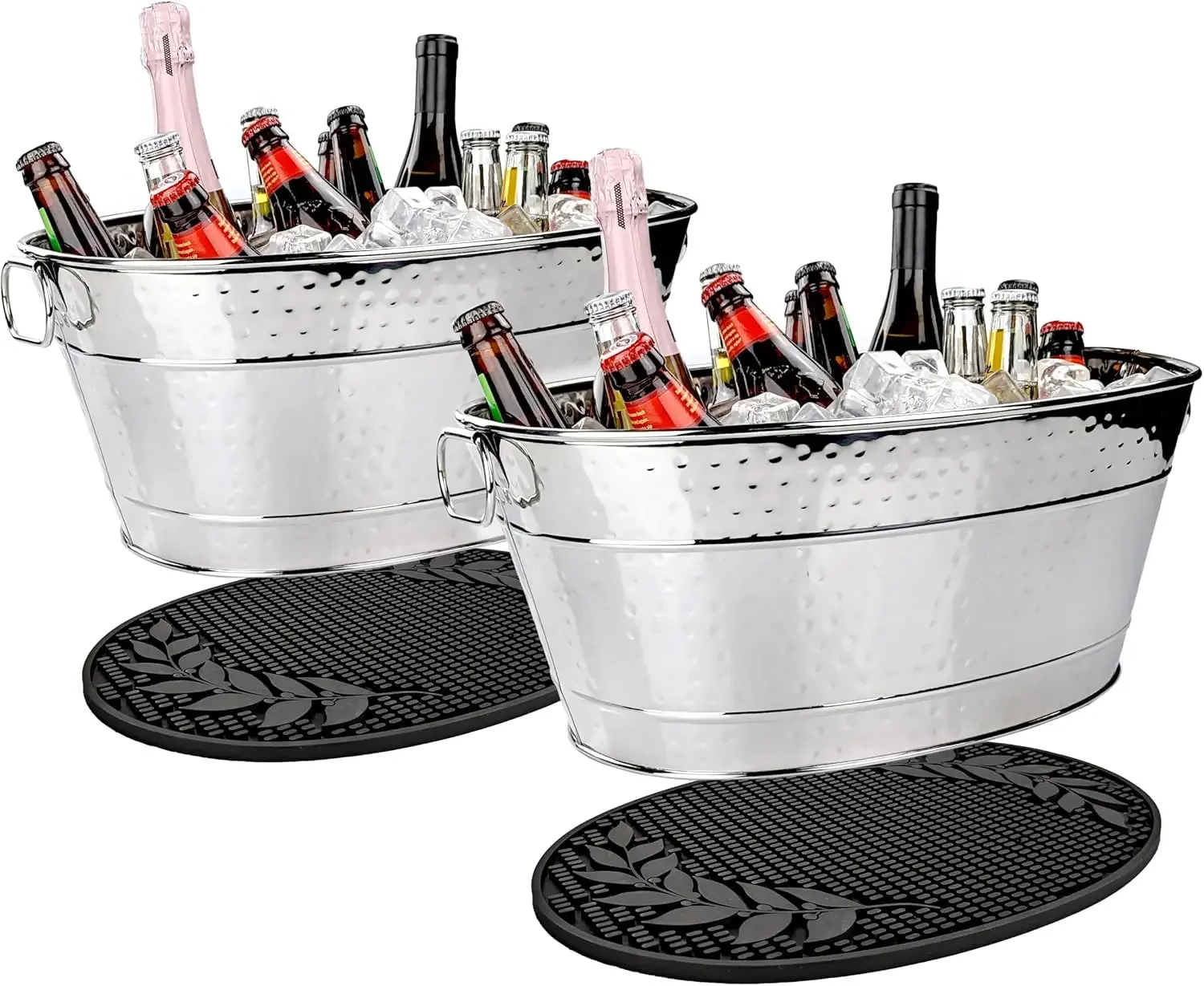 Colt Stainless Steel Beverage Tubs for Parties + Insulated Party Mats for Parties, Silver Ice Buckets - Set Includes 2 Wine